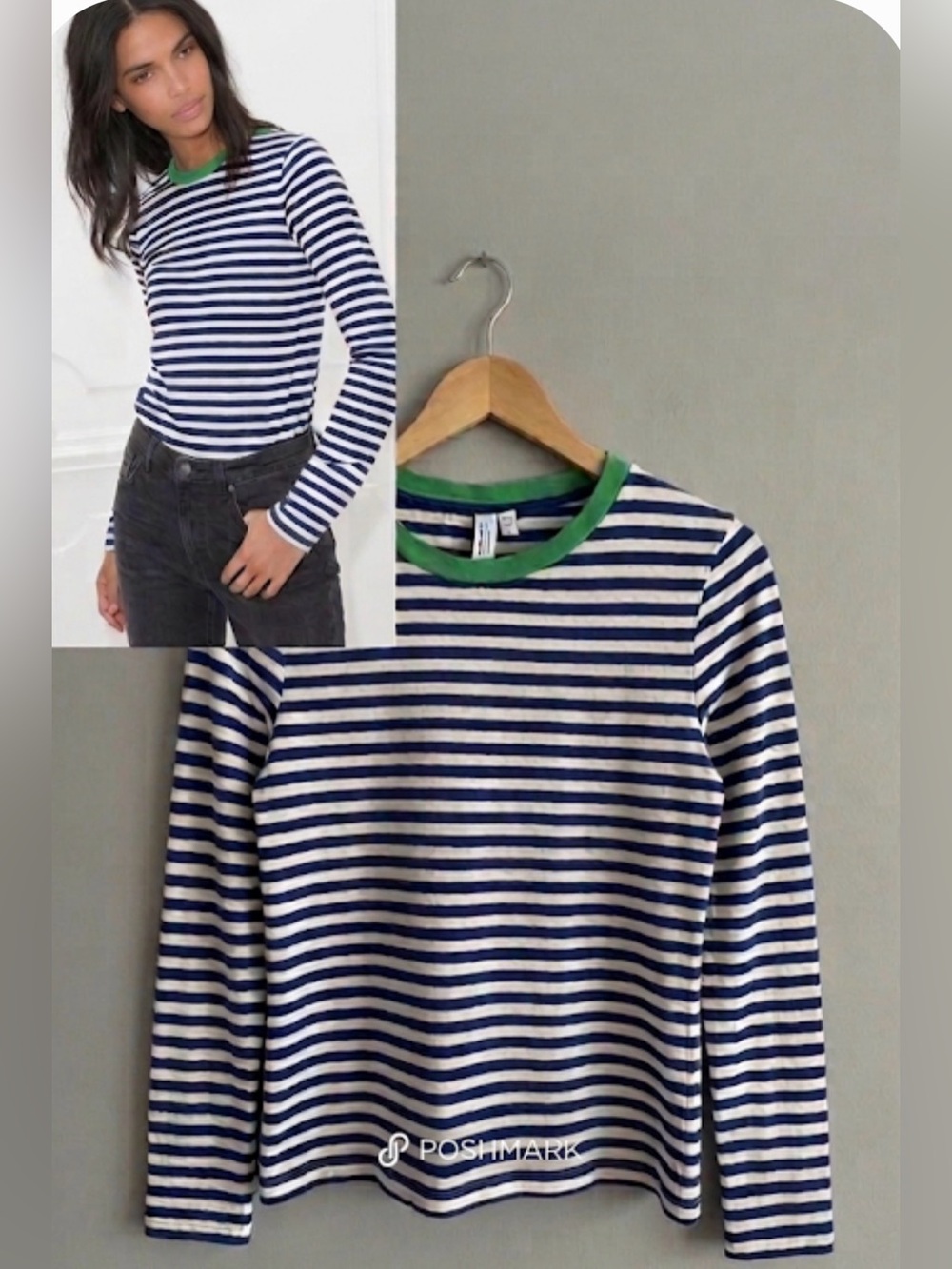 & Other Stories Mock Neck Knit Top in Cream/Navy - Size M